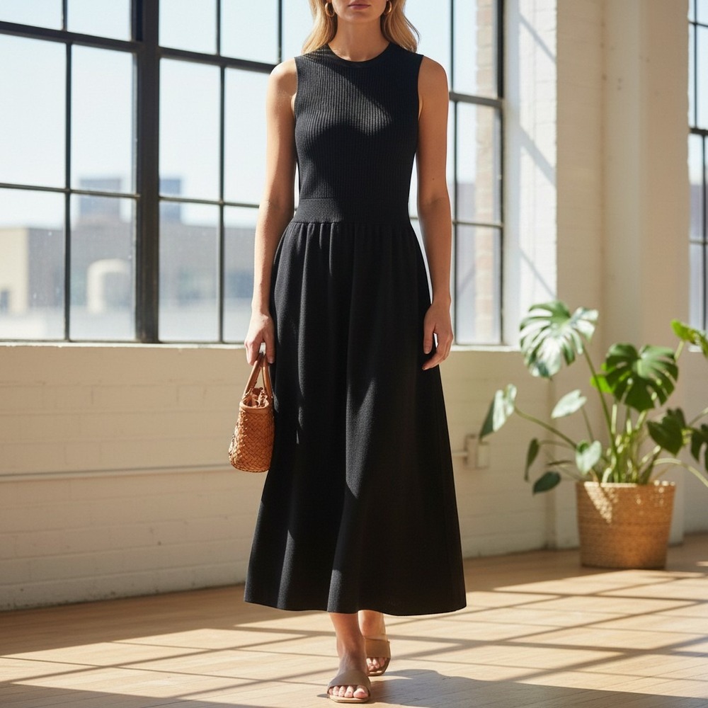 New Everlane Women's M Black Ribbed Knit Sleeveless Midi Dress Fit & Flare